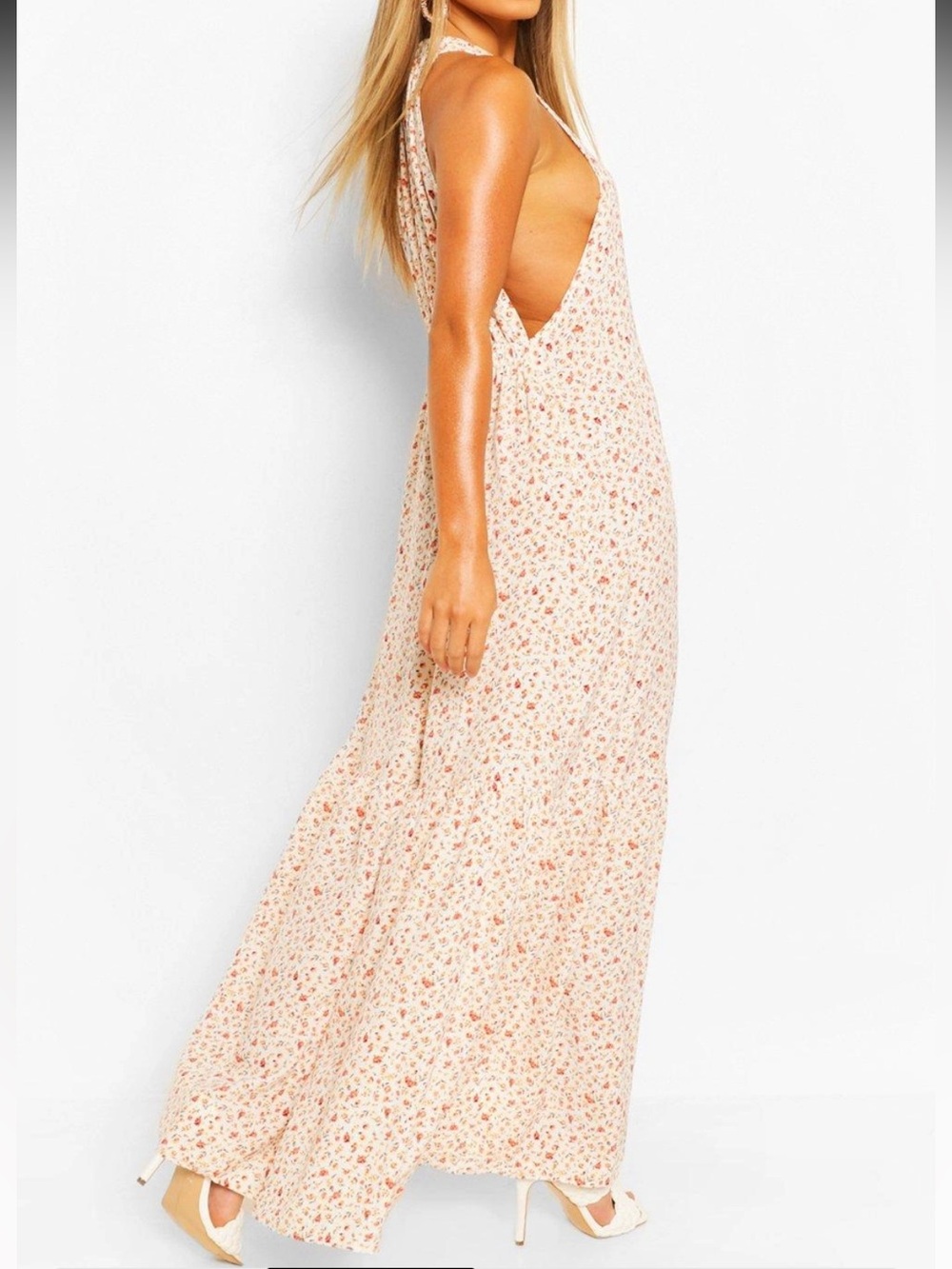Boohoo Sleeveless Floral Maxi Dress in Cream and Pink
